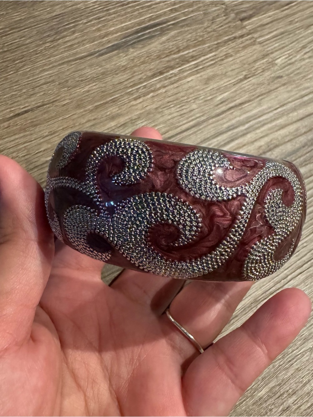 Embellished Burgundy Resin Bangle Bracelet with Silver Accents